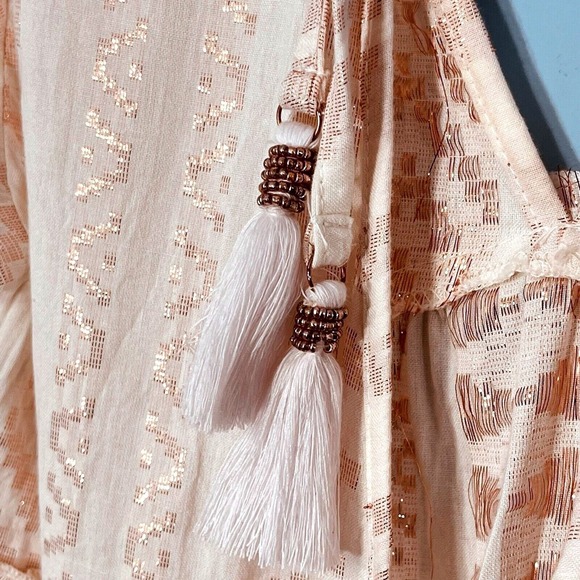 Blush Shimmery Boho Babydoll Mini Dress Small Festival Fairy Coquette Peasant - Picture 12 of 13